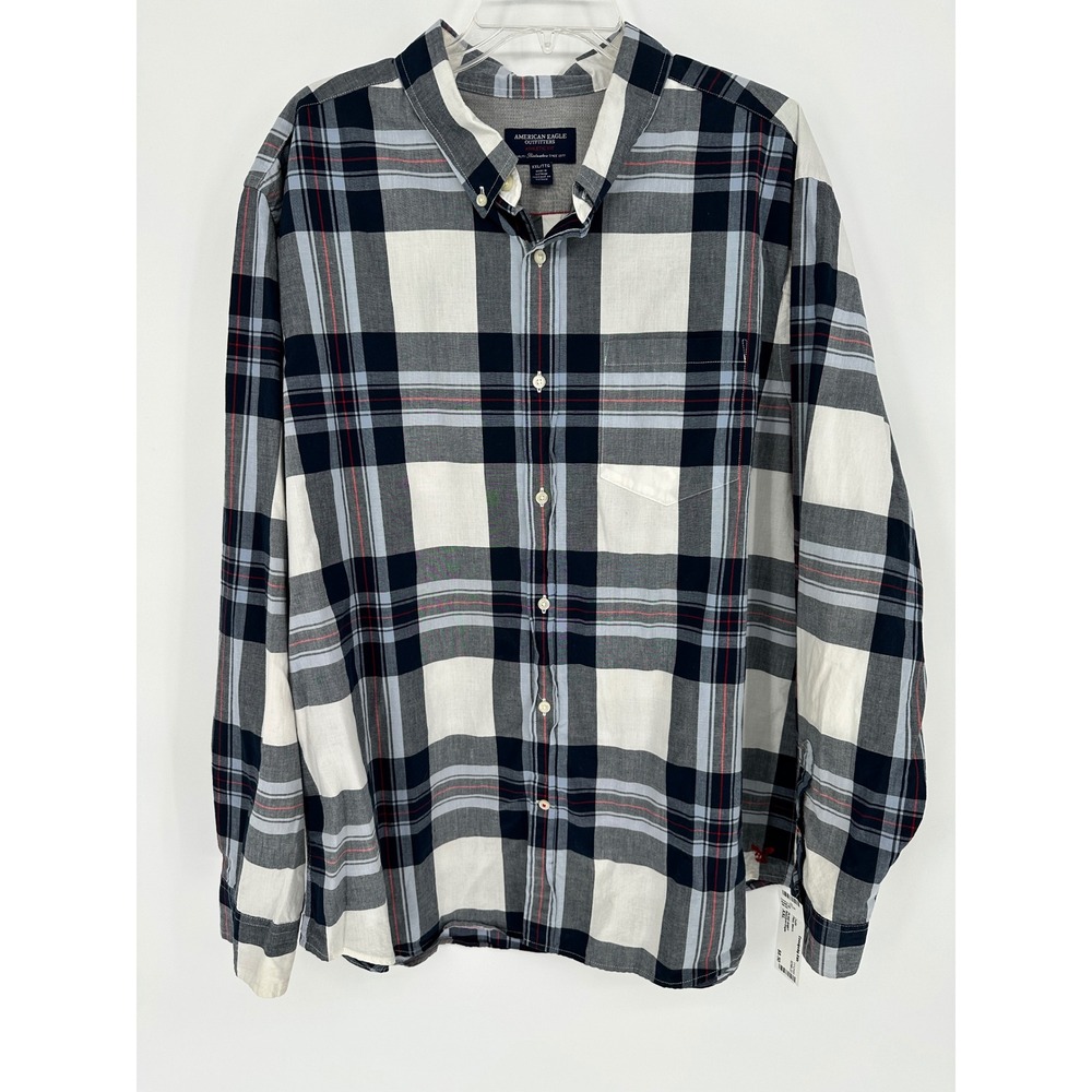 American Eagle Mens XXL Athletic Fit Plaid Button Down Shirt‎ Navy White Red